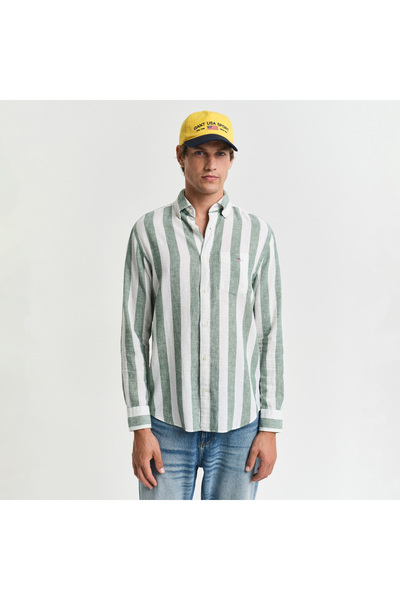 Gant Erkek Yeşil Regular Fit Düğmeli Yaka Çizgili Gömlek