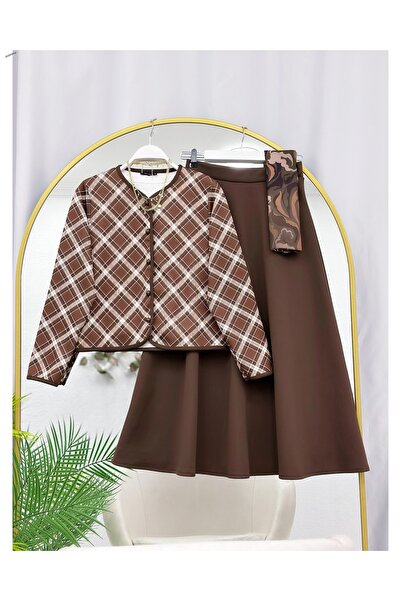 YEDİLALE Plaid Patterned Jacket Skirt Double Set [Shawl Not Included, Slim Fit]
