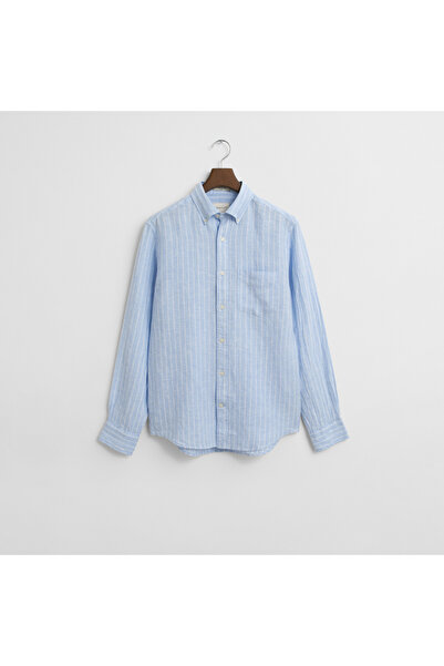 Gant Erkek Mavi Regular Fit Düğmeli Yaka Çizgili Gömlek