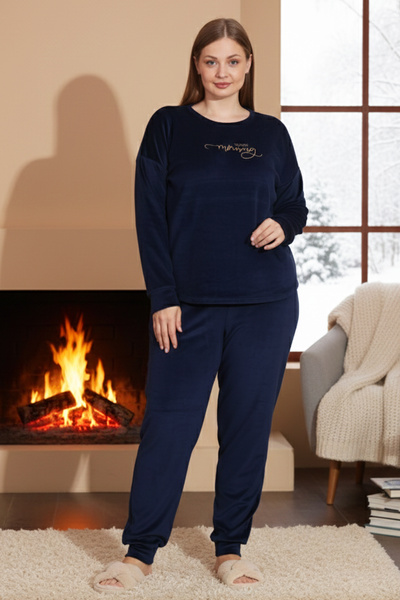 REMSA Plus Size Women's Velvet Pajama Set 25396 Navy Blue