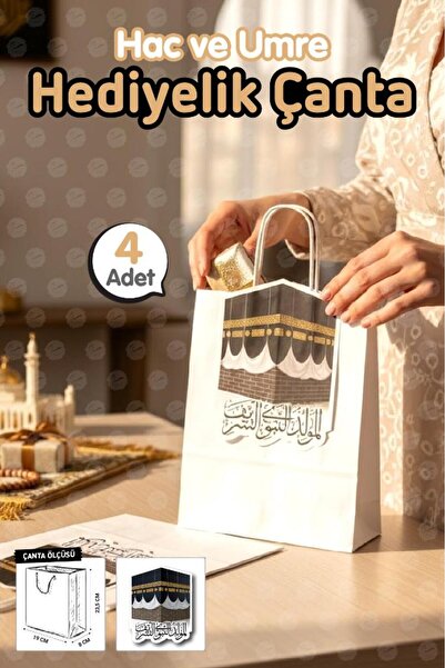 t tuğset etiket Burgu Saplı Karton Kabe Temalı Çanta 4 adet (beyaz)Umre Hac R...