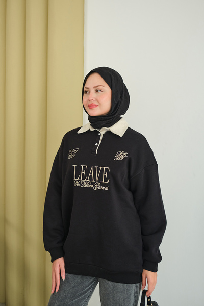 LOCCO Women's Shirt Collar Text Printed Sweat Black