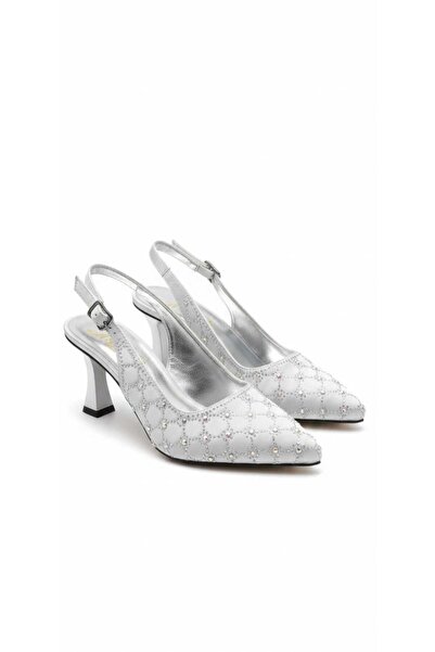 McDark ЖІНОЧІ СРІБНІ САТЕНЕВІ ТКАНИНИ З КАМІННЯМИ ВЕЧІРНІ ВЗУТТЯ НА КАБЛУКАХ