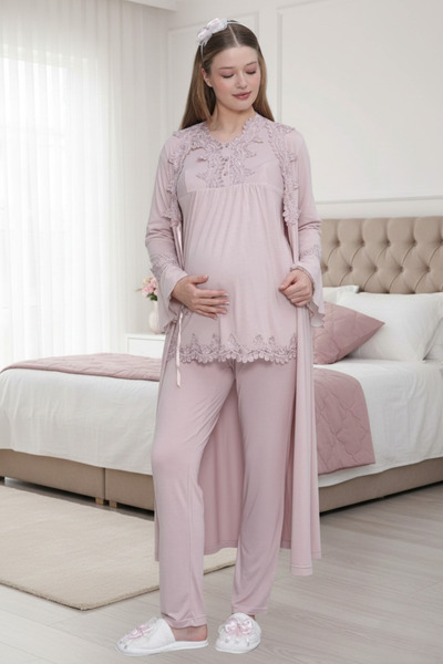 BLACKMORE طقم بيجامة نسائية للحوامل مكون من 3 قطع مع روب دانتيل خاص بلون الور...