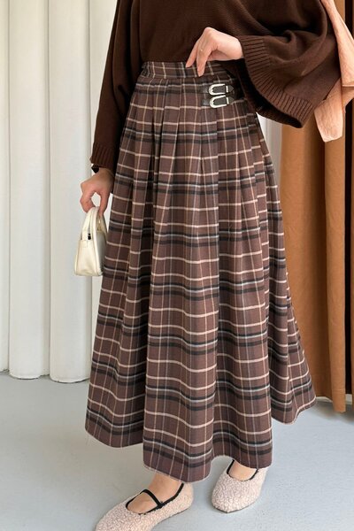 Modaensarbutik Toka Detaylı Ekose Pileli Verev Etek-ACI KAHVE