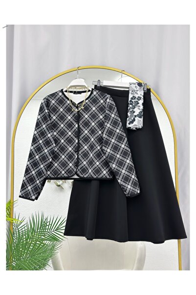 YEDİLALE Plaid Patterned Jacket Skirt Double Set [Shawl Not Included, Slim Fit]