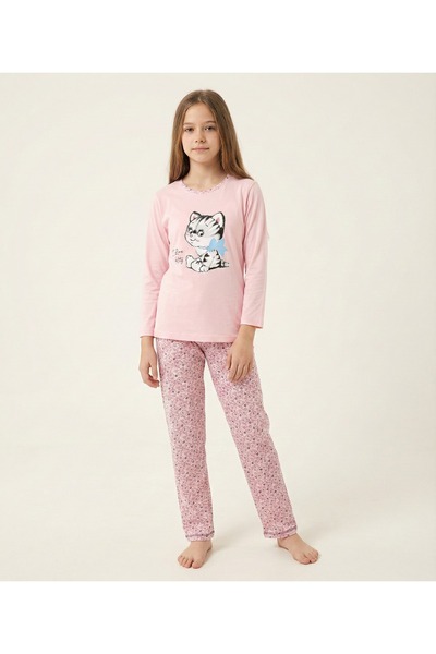 turkish Girls' pink cat-print pajama set - 2 pieces, long sleeves, made in Tu...