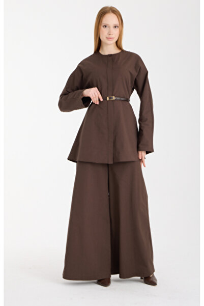 Bolivente Acı Kahve Premium Belted Blouse and Pants Set