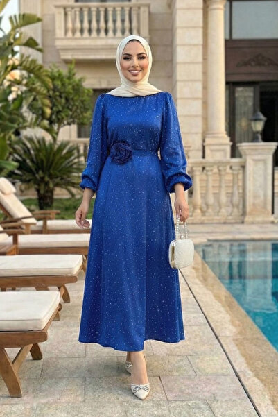 Hb Harma Time Butik Women's Pearl Detailed Belted Blue Satin Dress
