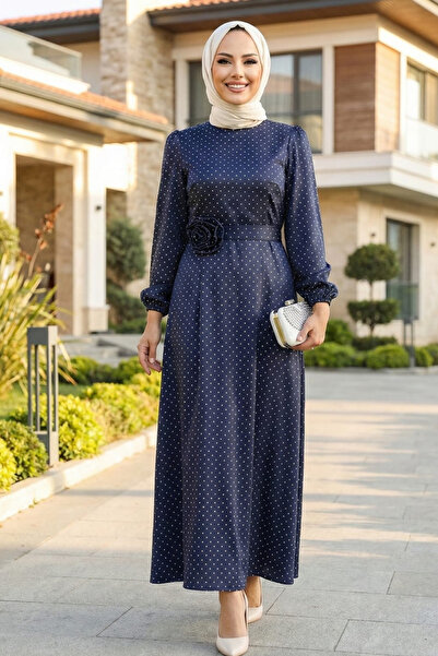 Hb Harma Time Butik Women's Pearl Detailed Belted Navy Blue Satin Dress