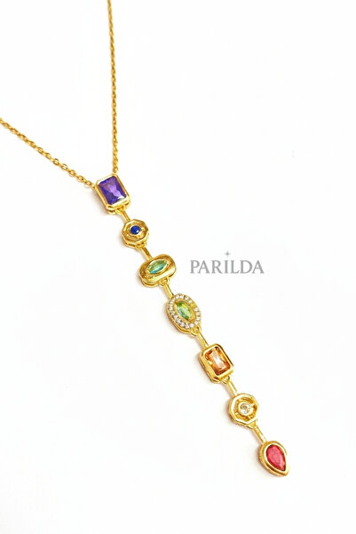 Parılda Geometric 7 Elements Colorful Stone Y Necklace 316L Stainless Steel