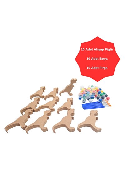 İCONS Ahşap boyama Seti 10 adet Dinazor Figürü Kalın Ahşap Çocuk Etkinlik set...