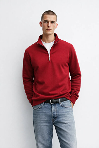 MATERIAL Ανδρικό φούτερ με μισό φερμουάρ σε χαλαρή γραμμή, κόκκινο