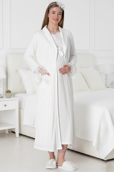 BLACKMORE طقم ثوب نوم للحوامل من القطن بتصميم دانتيل خاص بلون الإكرو للنساء