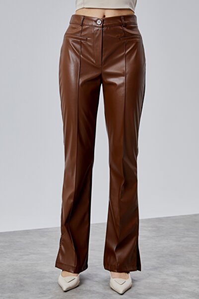 Bolivente Brown Regular Fit Leather Trousers with Slit Detail