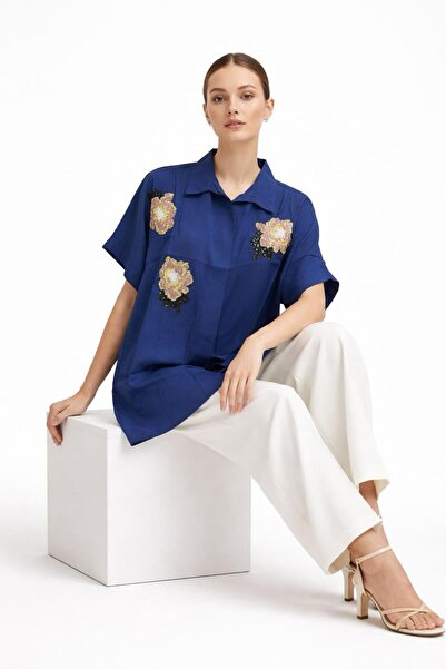 Gönülden Tasarım Floral Sequin Short Sleeve Women's Oversized Shirt