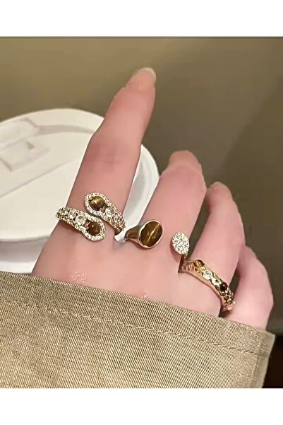 MURASSA BUTİK Vintage Kaplan Gözü Zirkon Taşlı Yüzük Seti