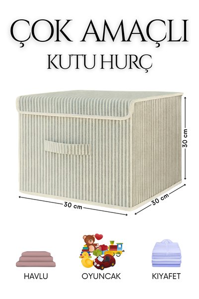 HURCEVİM 4 Adet - Antrasit Çizgili Çok Amaçlı Kutu Hurç - Dik Durabilen Oyuncak Kutusu - 30 x 30 x 30 CM