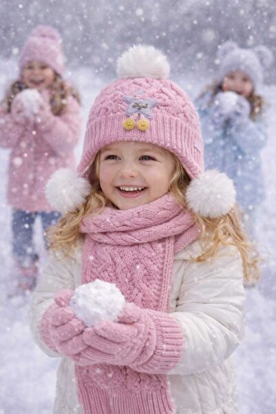 Kitti Girls' Scarf, Beanie, and Gloves Set with Fleece Lining and Pom-Pom Det...