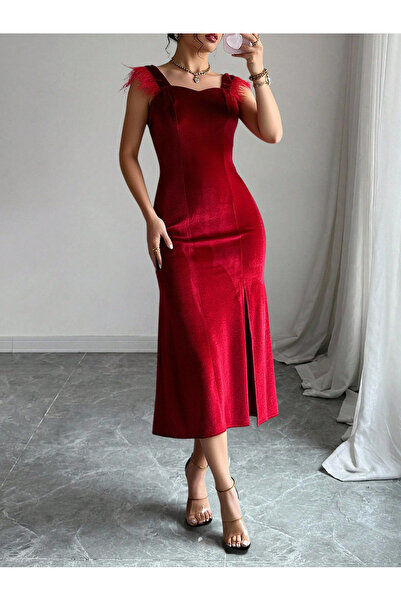 mass fashion Kadın Kare Yaka Omuz Detaylı Şık Elbise
