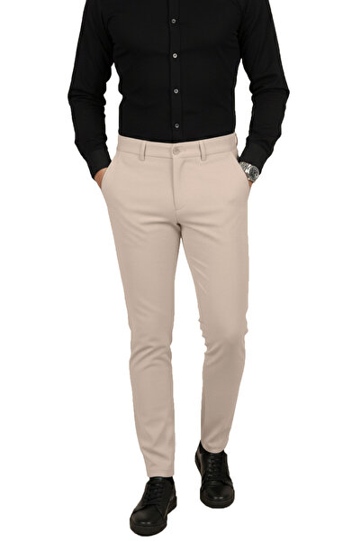 Rizz up Beige Slim Fit Elastic Waist Striped Textured Stretch Fabric Men's Tr...