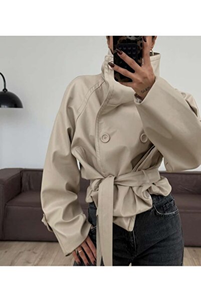 Azra Moda Style New Season Stand-Up Collar Buttoned Tie-Up Leather Trench Coa...