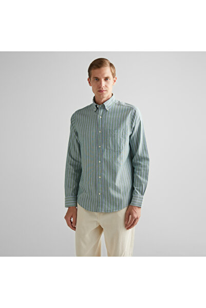 Gant Erkek Yeşil Regular Fit Düğmeli Yaka Çizgili Oxford Gömlek