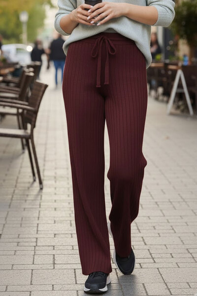 Tarz Cool Burgundy Corded Fabric Modal Wide Leg High Waist Soft Textured Elas...