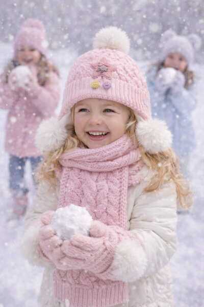 Kitti Girls' Scarf, Beanie, and Gloves Set with Fleece Lining and Pom-Pom Det...