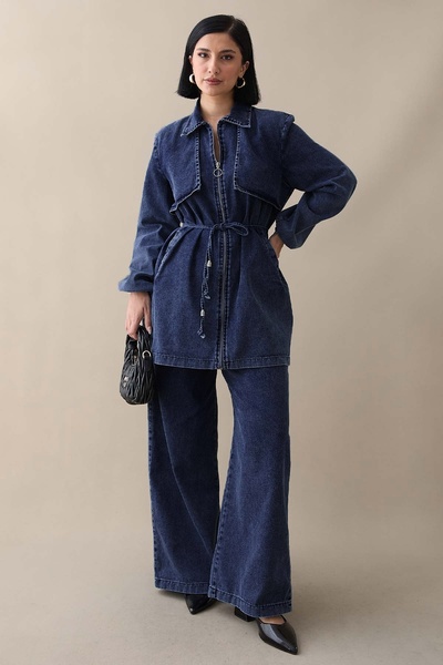 InStyle Dark Blue Denim Suit with Belt and Cape