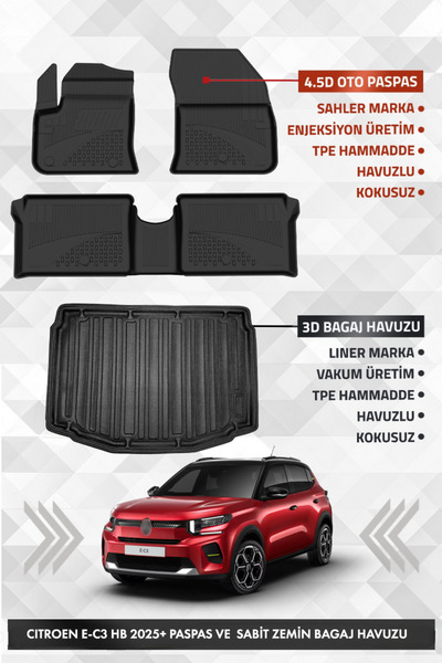 Sahler Citroen E-C3 2025 ve Sonrası Uyumlu 4.5D Premium Havuzlu Paspas ve Lin...