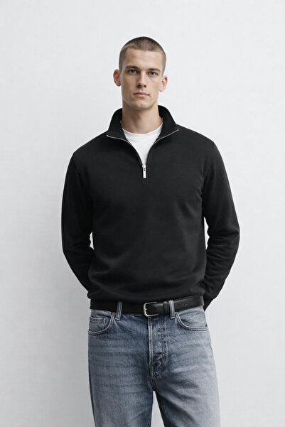 MATERIAL Ανδρικό χειμερινό μαύρο φούτερ με μισό φερμουάρ