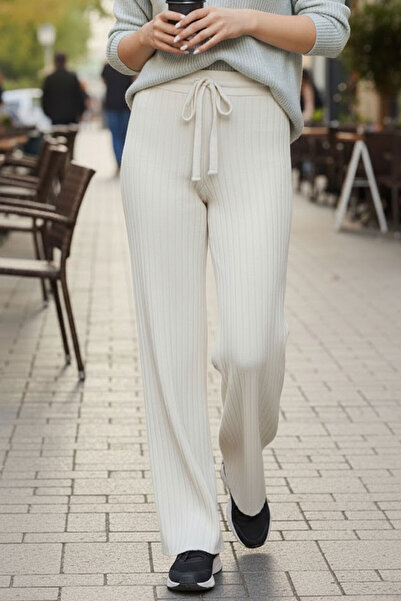 Tarz Cool Ecru Corded Fabric Modal Wide Leg High Waist Soft Textured Elastic ...