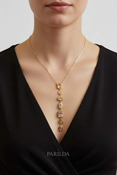 Parılda Geometrik 7 Element Renkli Taşlı Y Kolye 316L Paslanmaz Çelik