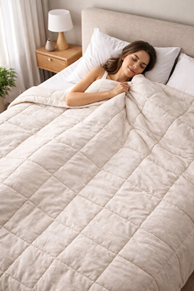 Bellona Çift Kişilik Natural Linen Keten Yorgan 195x215 cm Jüt Keten Çantalı