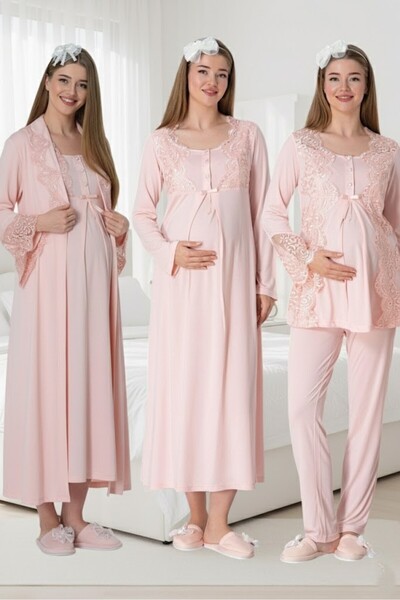 BLACKMORE طقم بيجامة نسائية من القطن المزخرف بالدانتيل للحوامل مكون من 4 قطع