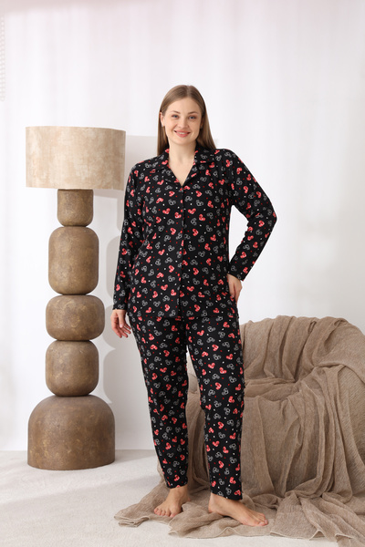 SEBOTEKS Buttoned Patterned Suede Fabric Plus Size Women's Pajama Set 510