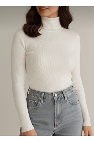 VALERO Women's White Corded Fabric Turtleneck Cotton High Neck Sweater