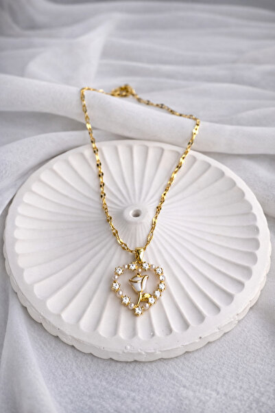 Melesh قلادة من الفولاذ على شكل قلب مزينة بحجر فضي وزهور