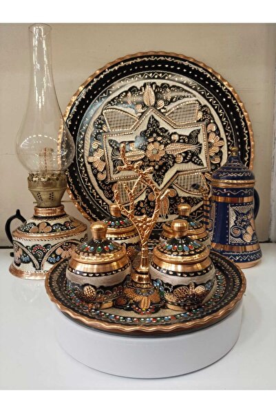 KARACA BAKIR İşlemeli Bakır Sofra Baharat Takımı-Bakır 4lü tepsili Baharat Ta...