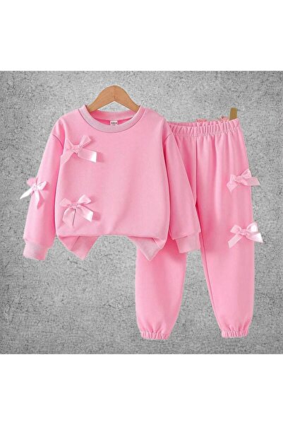 Kids Çocuk Kurdeleli Nakışlı Pembe Alt Üst 2'li Takım
