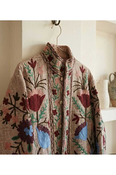 Yoncha Kadın Ceket Nakış Detaylı Dokuma %100 Pamuklu