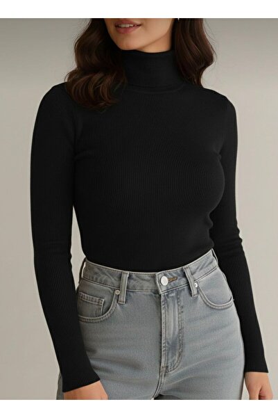 VALERO Women's Black Corded Fabric Turtleneck Cotton Turtleneck Sweater