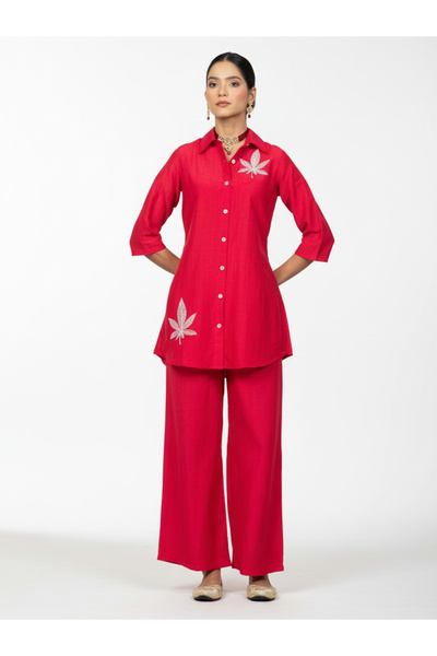 WineRed By Styli Women Embroidered Shirt and Wide Leg Trousers Co-ords