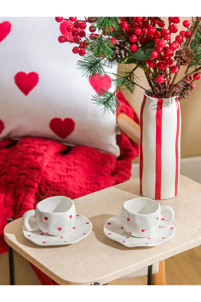 LC Waikiki Lcw Home Mixed Heart Printed 2-Person Porcelain Coffee Cup Set 90 ml