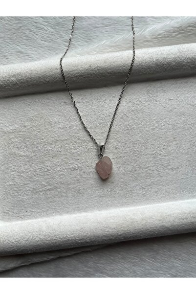Pel Design Raw Pink Quartz Stone Steel Necklace Handmade 316L
