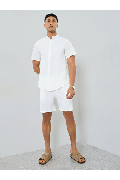 Take Two By Styli Men Solid Stand Collar Shirt and Shorts Co-Ords