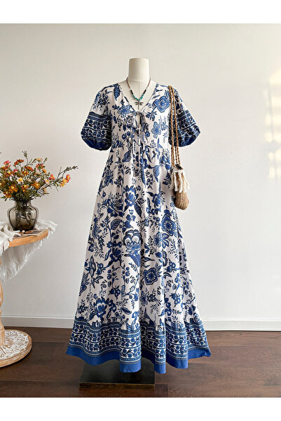 Take Two By Styli Women's Floral Printed Tie-Up Front V Neck Puff Sleeve Midi...