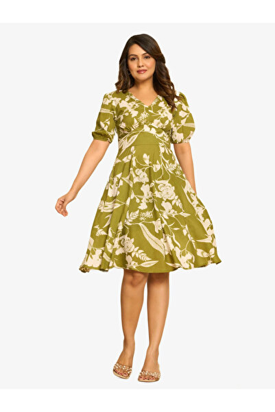 KASYA By Styli Women Green Cotton Printed Midi Dress