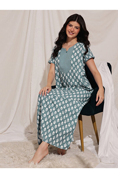 Clovia By Styli Women Green Floral Print Maxi Nightdress